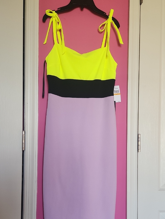 Christian Siriano Dresses & Skirts - Christian Siriano Neon Yellow, Black & Lavender Tie-Shoulder Midi Dress